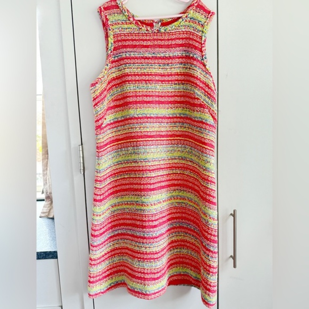 Sara Campbell Sleeveless Tweed Shift Dress in coral, MSRP $288, 10